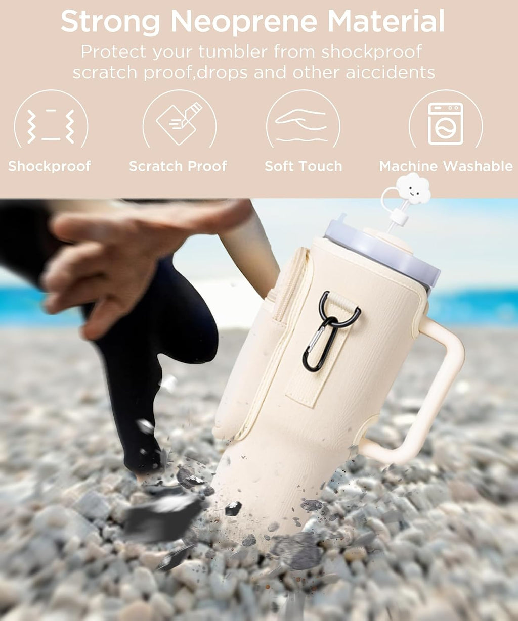 dabria Water Bottle Carrier Bag with Phone Pocket for Stanley 40 oz Tumbler Neoprene Water Bottle Holder Pouch with Adjustable Strap Bollus with Straw Cover & Letter Charm for Stanley Cup Accessories