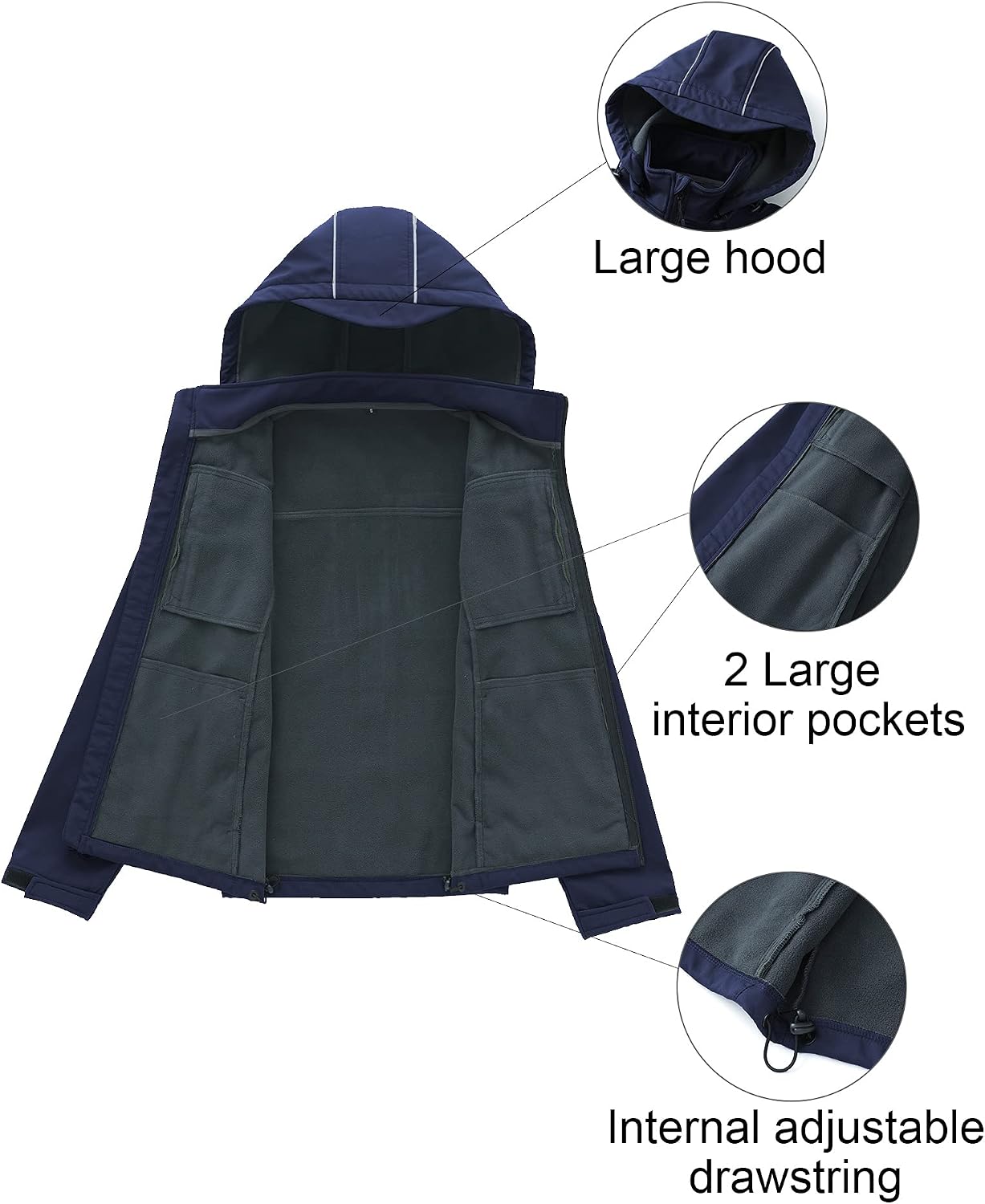CREATMO US Men's Softshell Military Jacket With Removable Hood, Fleece Lined and Water Repellent Outdoor Reflective Coat