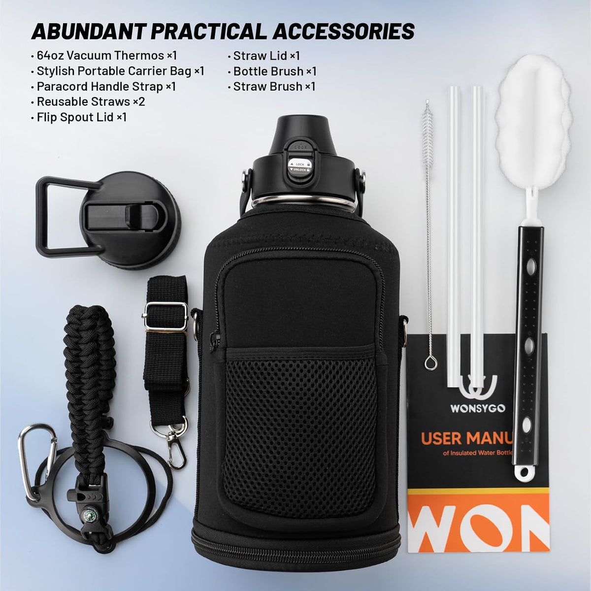 64oz Insulated Water Bottle Leak Proof with Carrier Bag for Sports