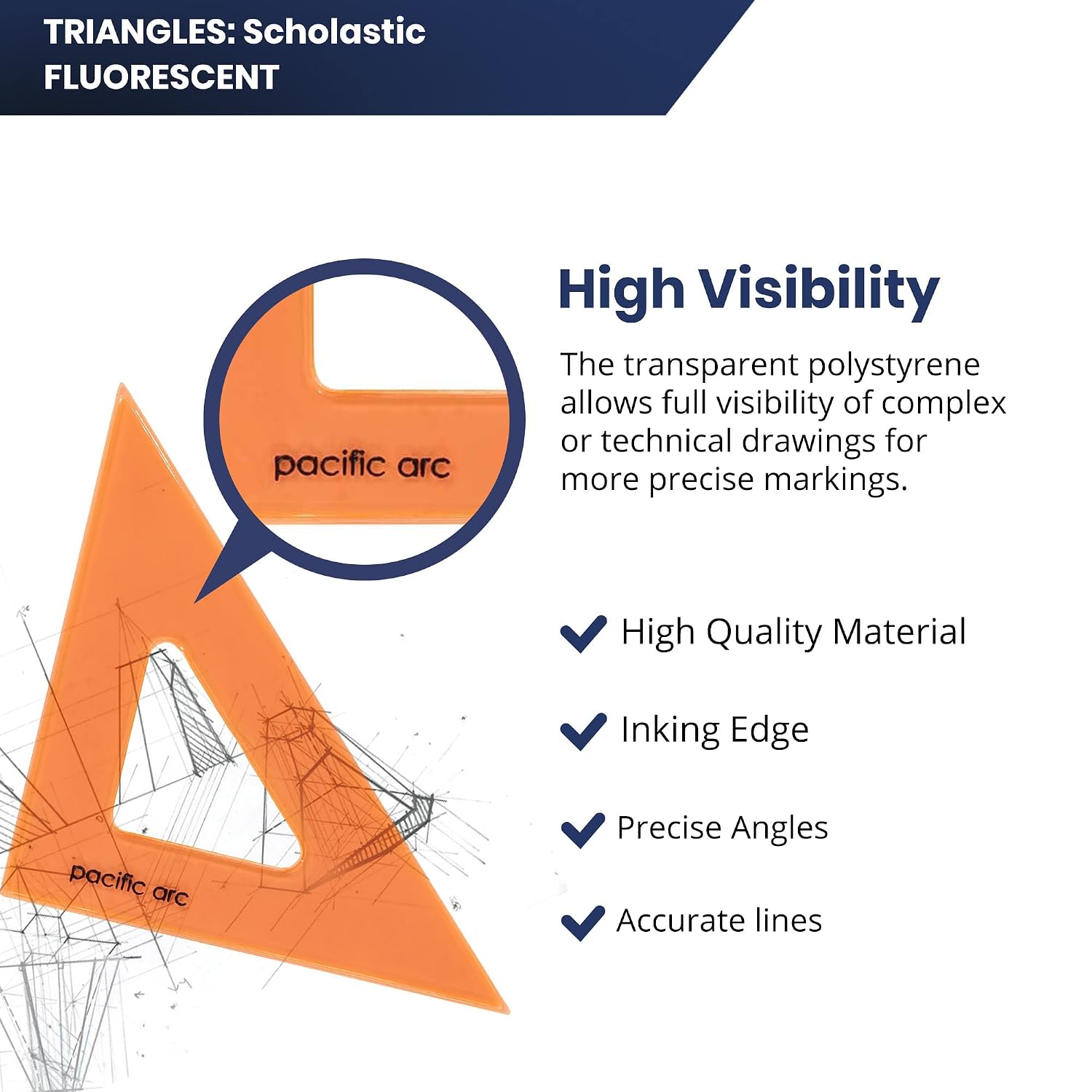 Pacific Arc's Scholastic Triangle - 12 inch - Fluorescent - 45/90 Angle - Polystyrene - Inking Edge - Technical Drawing Tools, Drafting, Architect and Engineering.