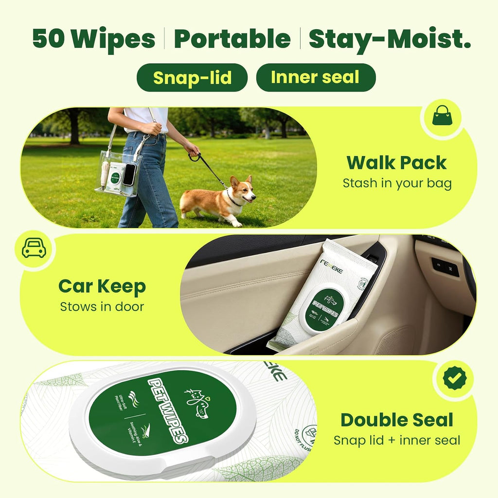 Unscented Dog Wipes & Cat Wipes (4x50 Packs) | Hypoallergenic, pH Balanced for Paws, Body, Eyes & Ears Grooming |All-Natural Plant Fiber Wipes with Aloe & Vitamin E | Pearl Texture