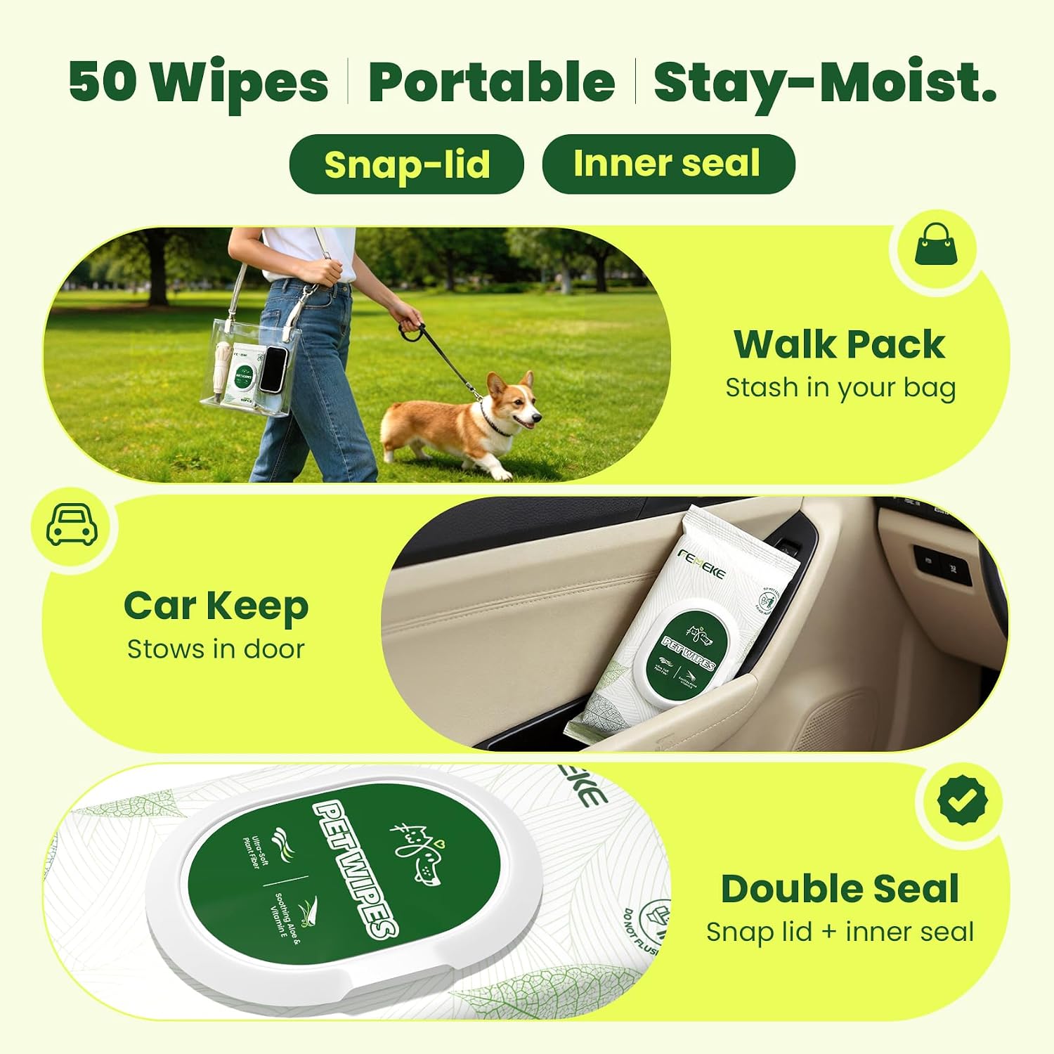 Unscented Dog Wipes & Cat Wipes (4x50 Packs) | Hypoallergenic, pH Balanced for Paws, Body, Eyes & Ears Grooming |All-Natural Plant Fiber Wipes with Aloe & Vitamin E | Pearl Texture