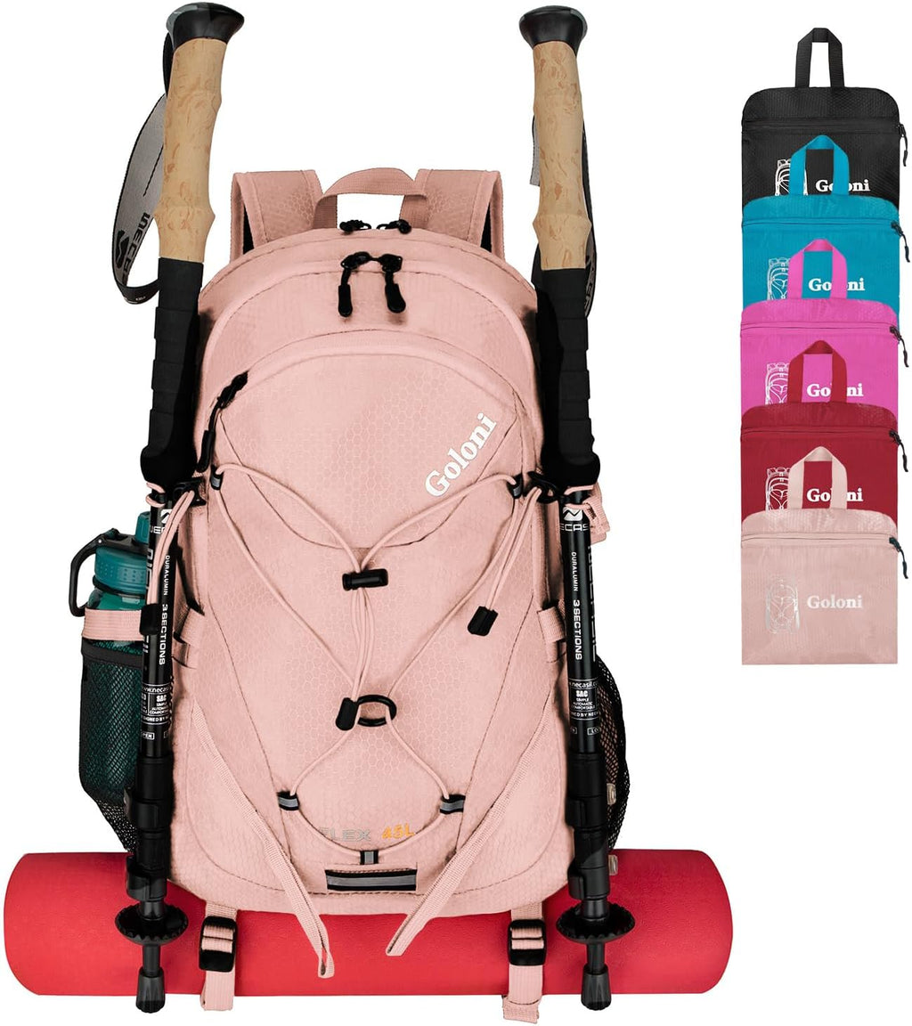 Goloni 45L Hiking Backpack Lightweight Foldable, Waterproof Camping Backpack with Rain Cover & Hiking Pole Mat Carrying System, Ergonomic Water Resistant Daypack for Trekking Travel Men Women Red