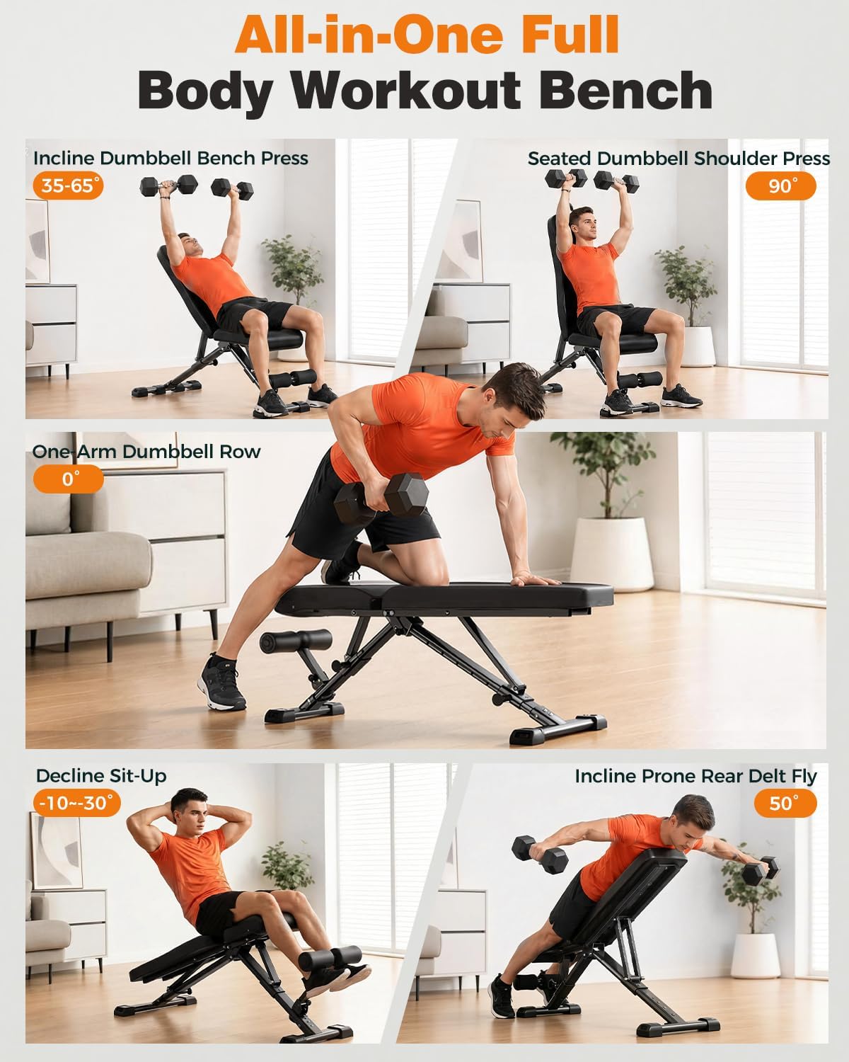 AIRHOP Foldable Workout Bench, 90° to -30° FID Weight Bench for Home Gym
