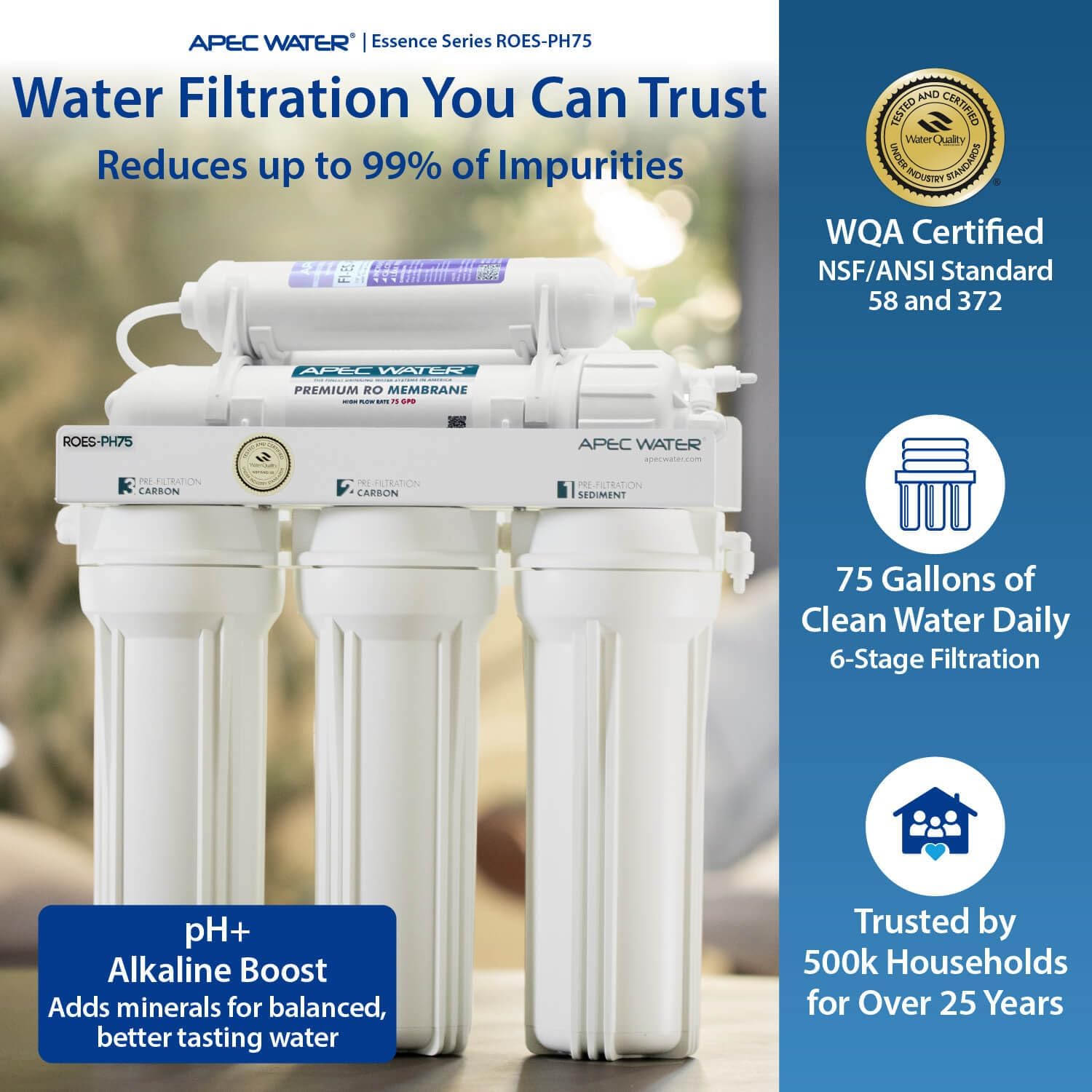 APEC Water ROES-PH75, 6-Stage Under Sink RO System, Alkaline, 75 GPD