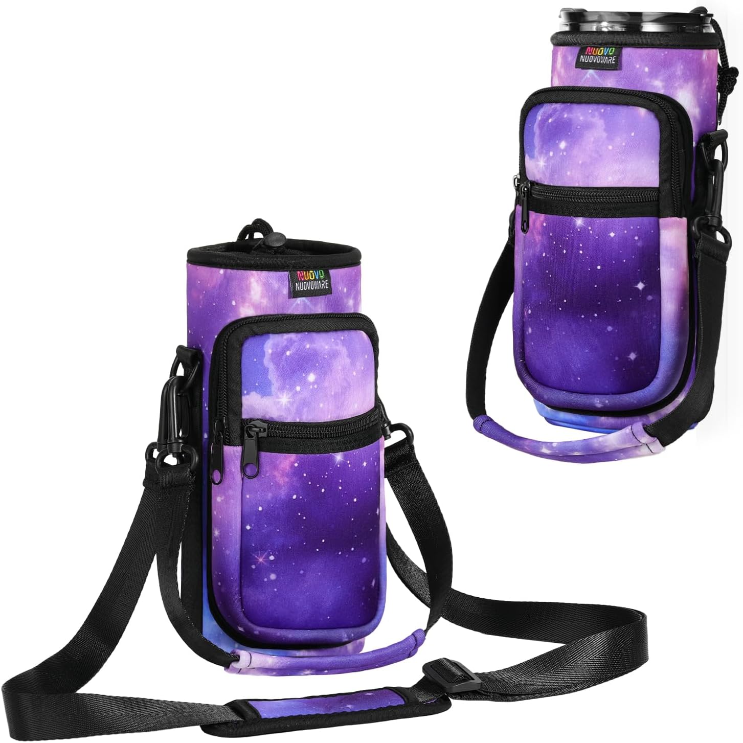 Nuovoware Water Bottle Carrier Bag, 40oz Bottle Pouch Holder, Adjustable Shoulder Hand Strap 2 Pocket Sling Neoprene Sleeve Sports Accessories for Hiking Travelling, Dark Green