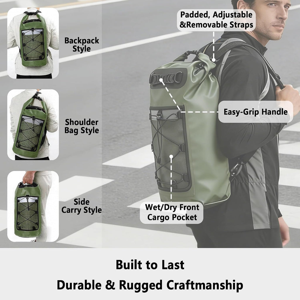 SHENDU 20L Roll-Top Waterproof Dry Bag Backpack for Kayaking Hiking（Olive）