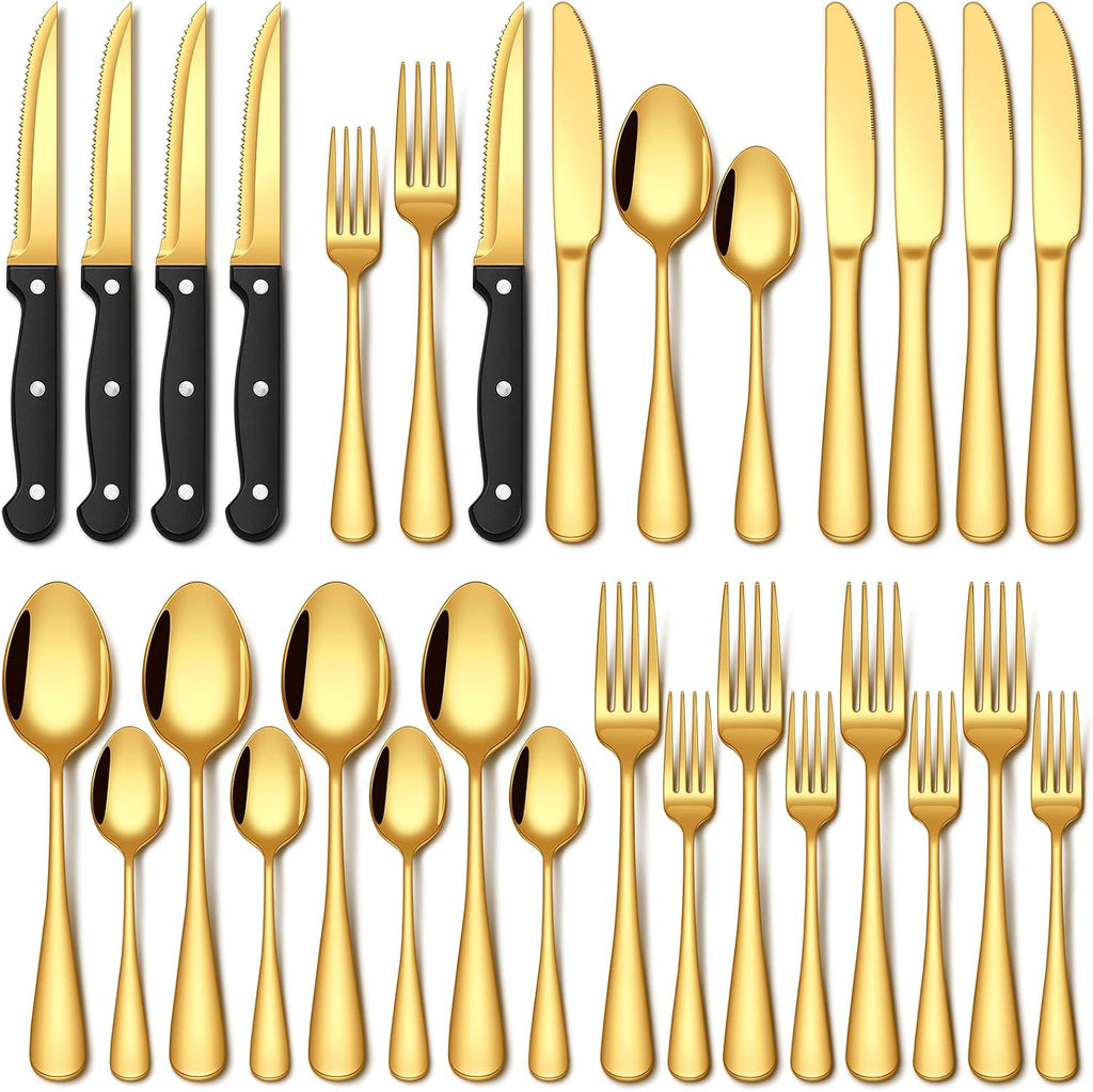 EUIRIO 24 Piece Silverware Set with Steak Knives Food Grade Stainless Steel Flatware Set for 4 Cutlery Utensil Set Includes Knife Spoon and Fork Mirror Polished Dishwasher Safe for Home Restaurant