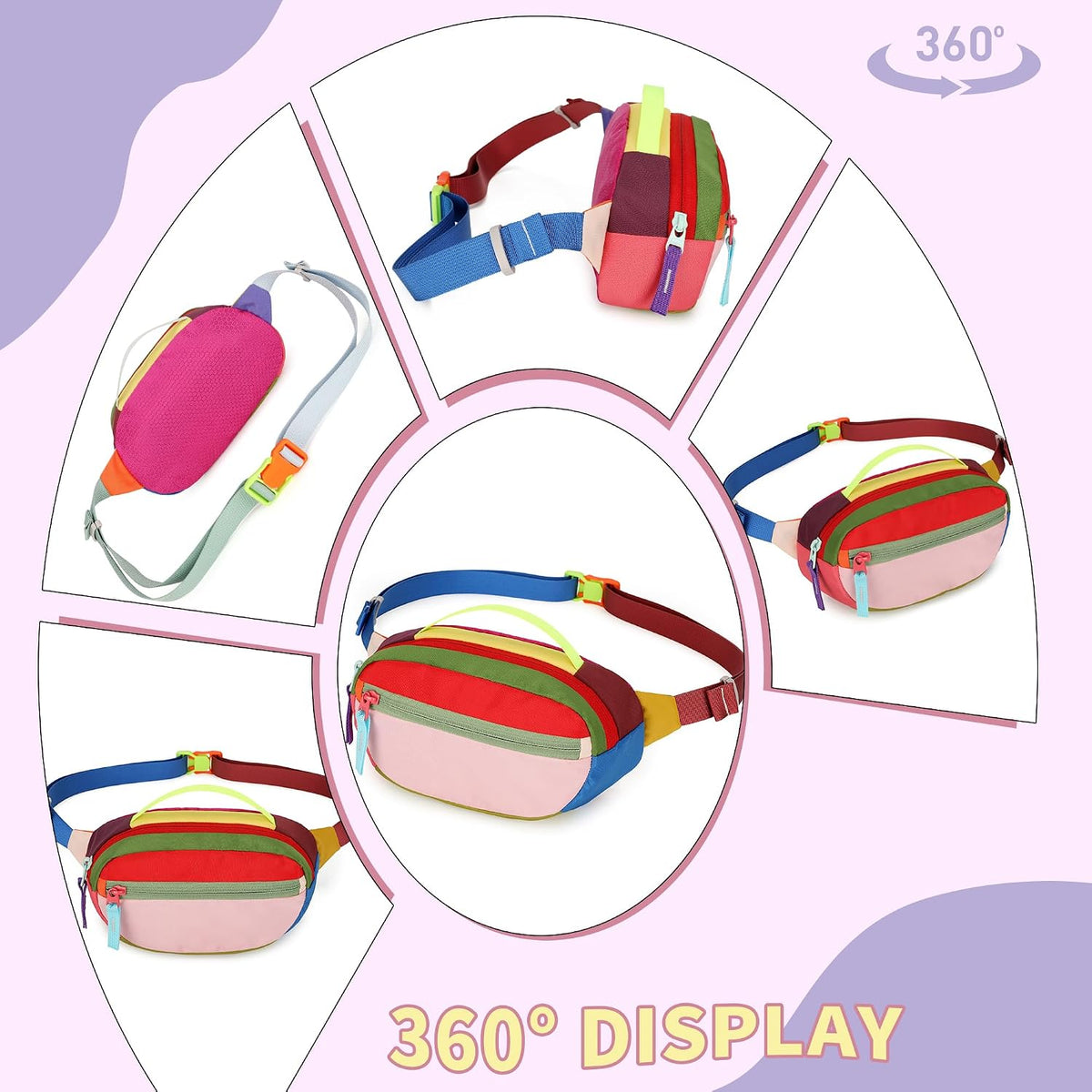 Retro Fanny Pack for Women Men Hiking Waist Packs 2 Pockets Color-blocking Belt Bags for Festival 80s 90s Theme Party Running Traveling (Pink)