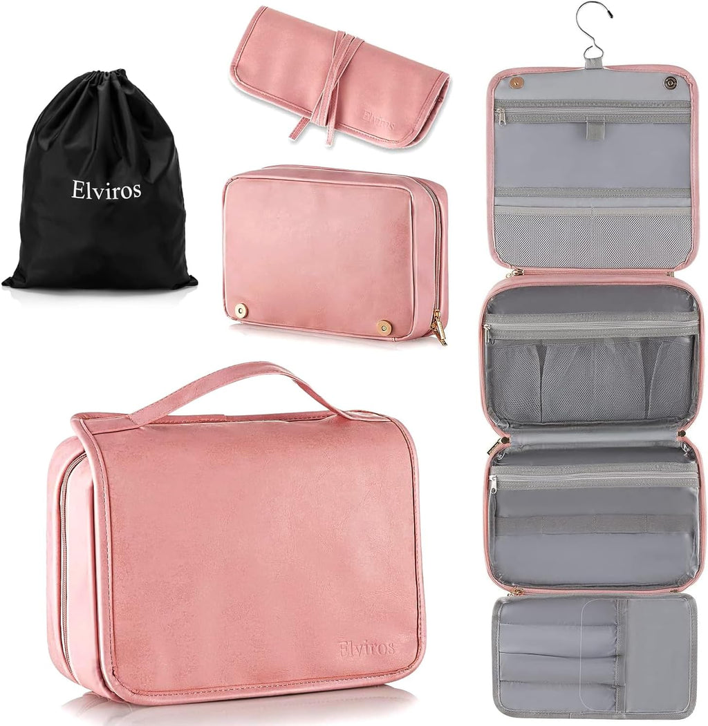 Elviros Hanging Travel Toiletry Bag for Women, 3-in-1 Large Makeup Bag and Cosmetic Organizer, Vegan Leather Waterproof Skincare Case for Travel Size Toiletries and Accessories, Gift for Women