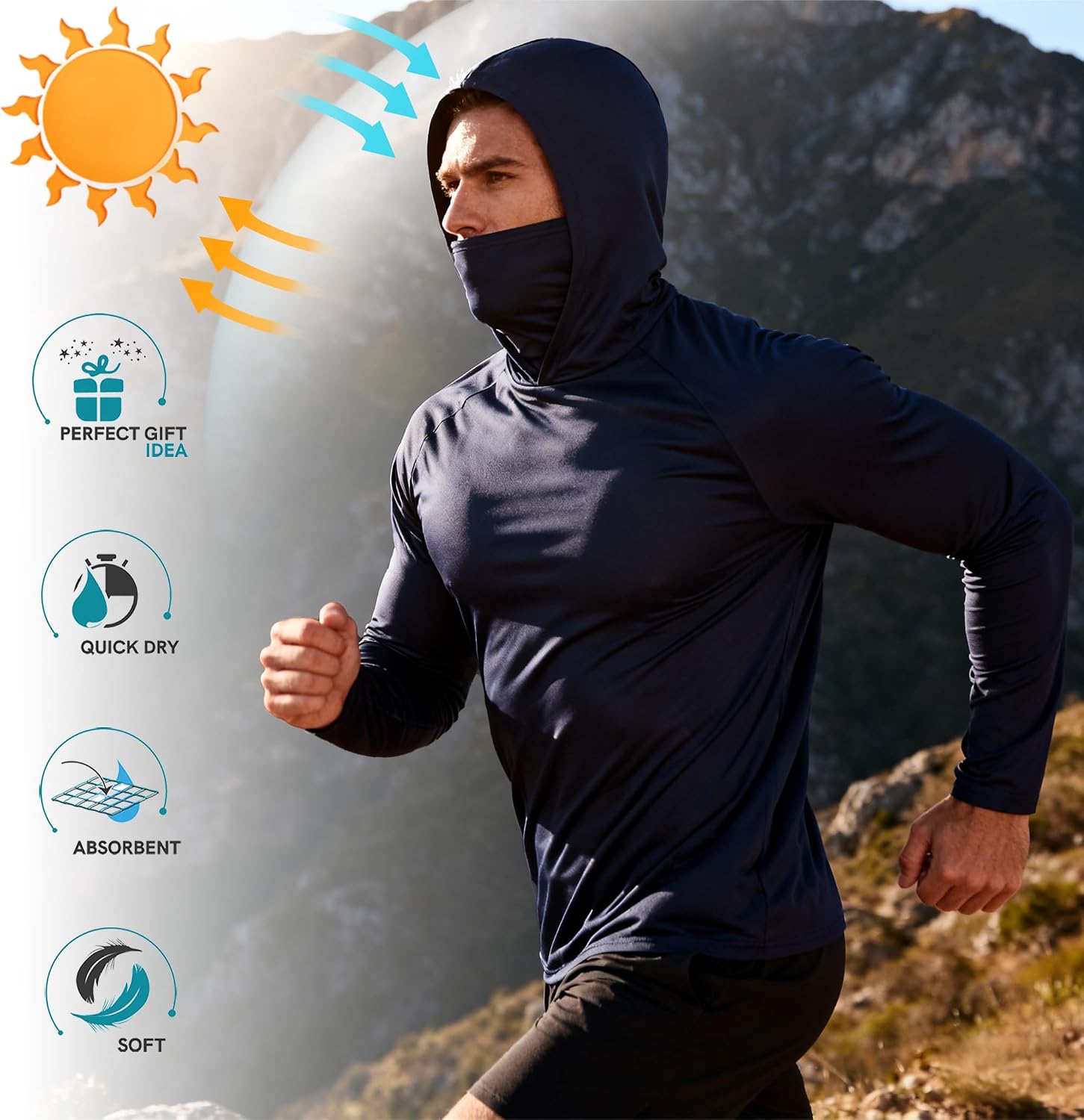 HovSiyla Mens Fishing Hoodie UV Sun Protection Shirts UPF Rash Guard Long Sleeve Shirts Hiking Performance Mesh Face Mask Top
