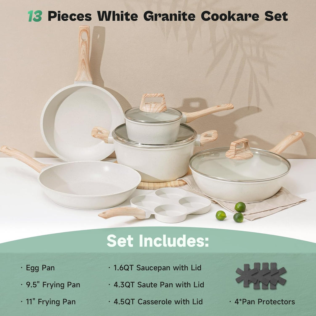 SODAY Pots and Pans Set Non Stick, 13Pcs White Granite Induction Cookware