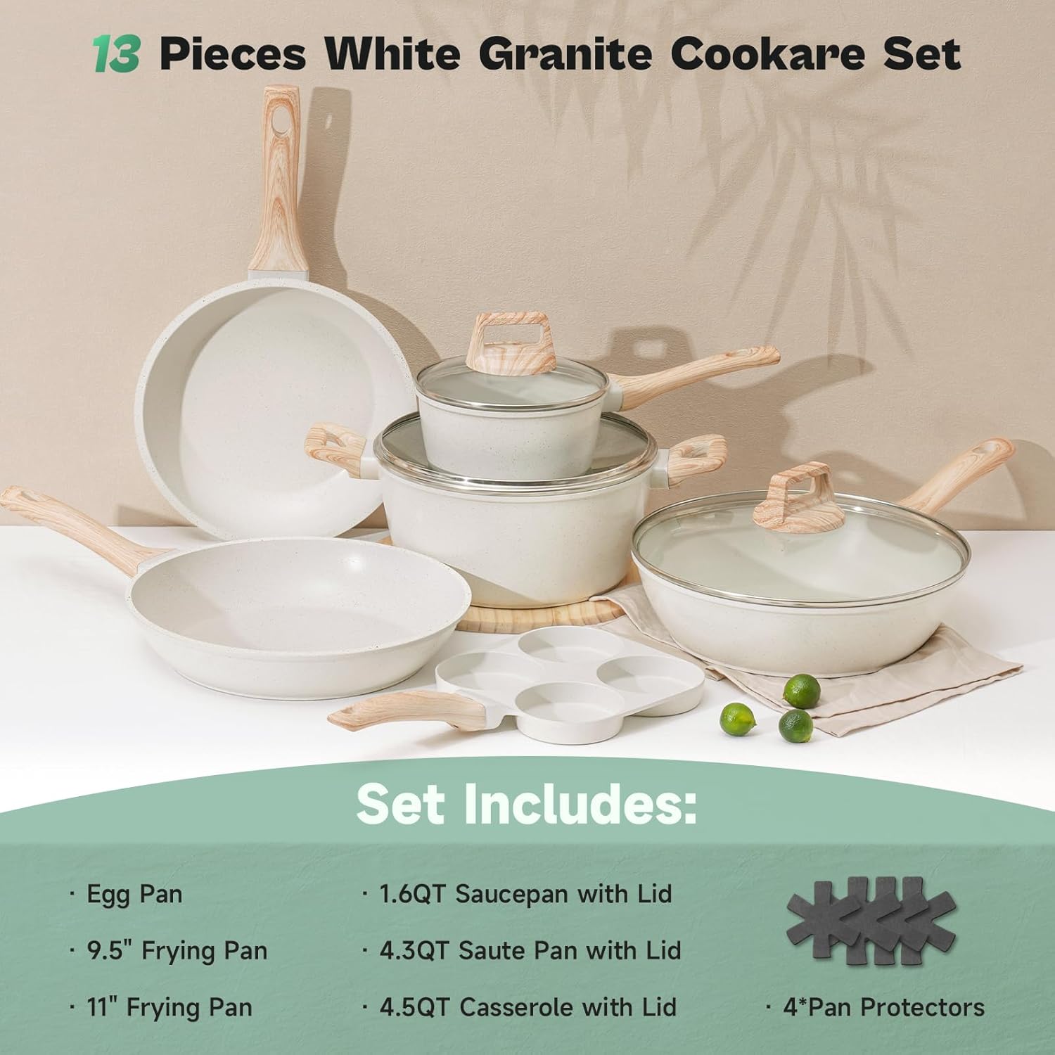 SODAY Pots and Pans Set Non Stick, 13Pcs White Granite Induction Cookware