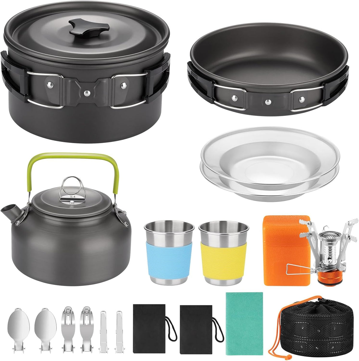 17pcs Camping Cookware Kit, Nonstick Pots Pans and Kettle Set