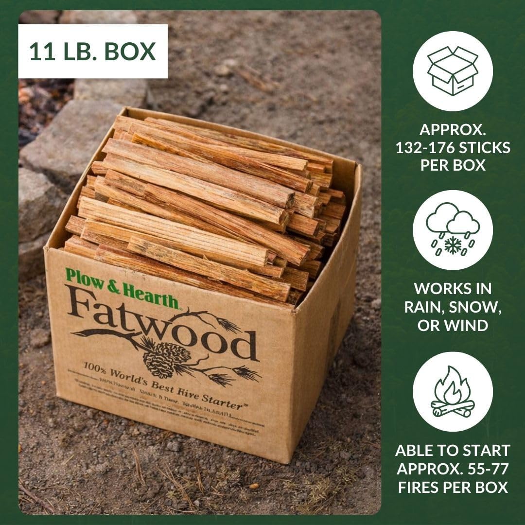Plow & Hearth 11 LBS Fatwood Fire Starter Sticks Organic Kindling, Easy Ignition Fat Wood, All Natural Firestarters for Fire Pit, Wood Stoves, Fireplaces, Campfires, Bonfires, BBQ