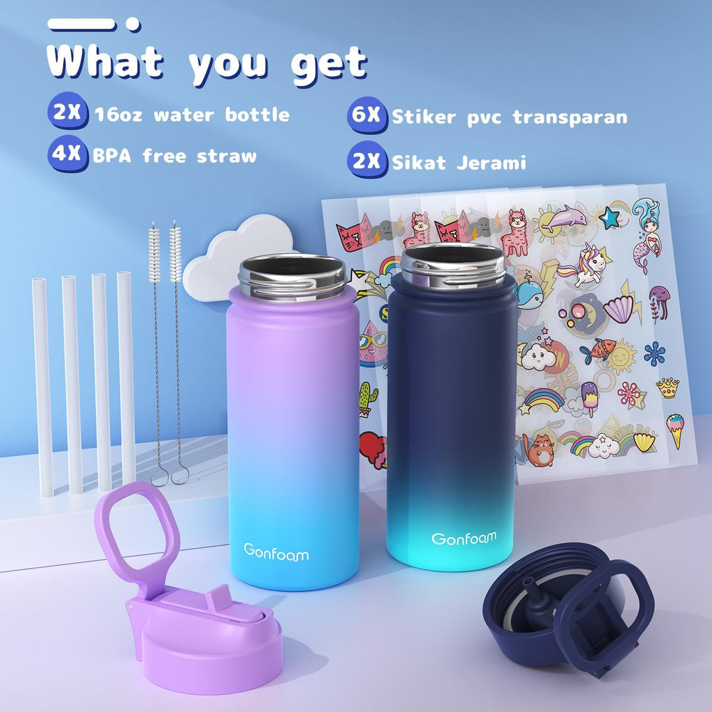Gonfoam 16oz Kids Stainless Steel Insulated Water Bottle, 2 Pack