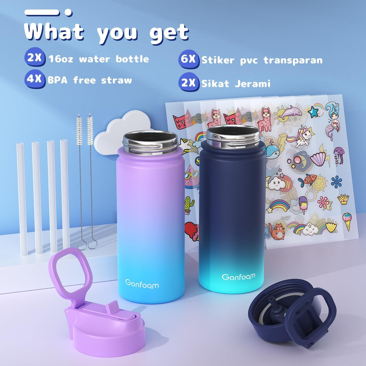 Gonfoam 16oz Kids Stainless Steel Insulated Water Bottle, 2 Pack