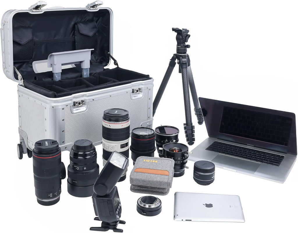 Full Aluminum Carry-On Rolling Camera Bag, Camera Case, Silver