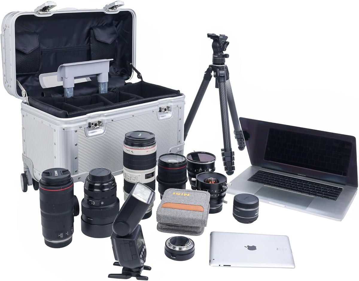 Full Aluminum Carry-On Rolling Camera Bag, Camera Case, Silver