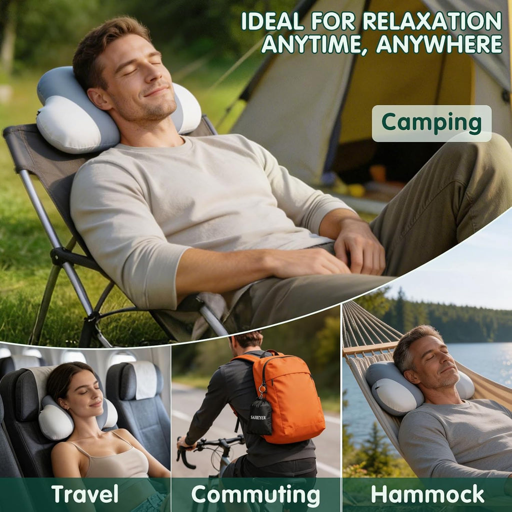 SAHEYER Memory Foam Camping Pillow, Upgraded Lengthened Travel Pillows for Sleeping, Cervical Neck Support Camping Gear Accessories - Small Pillow Travel Essentials for Sleep, Backpack, Hammock, Grey