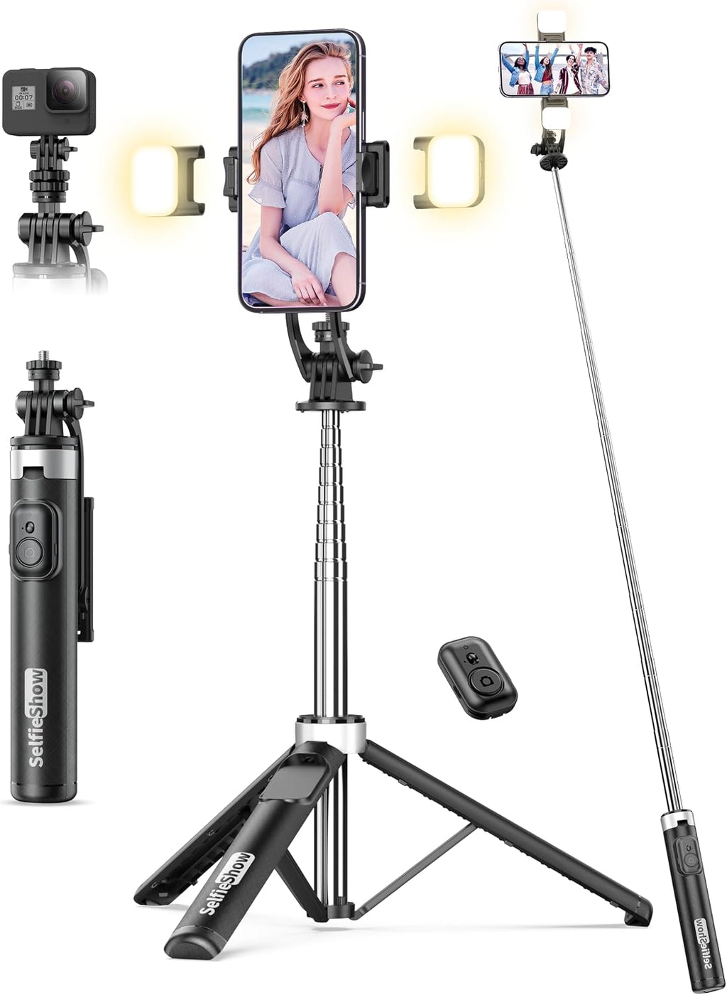53'' Selfie Stick Tripod with Light, Extendable Selfie Stick with Remote, Portable Cell Phone Tripod Stand with All in 1 Phone Clip, Lightweight Camera Tripod Compatible with iPhone 17 16 15, Android