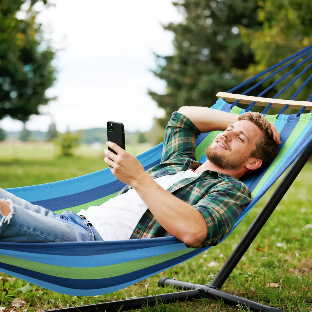 MOSFiATA Hammocks Portable Camping Hammock Upgraded 550lb Comfortable Fabric Hammock with Two Anti Roll Balance Beam and Sturdy Tree Straps for Camping, Patio, Backyard, Outdoor （Blue Green）