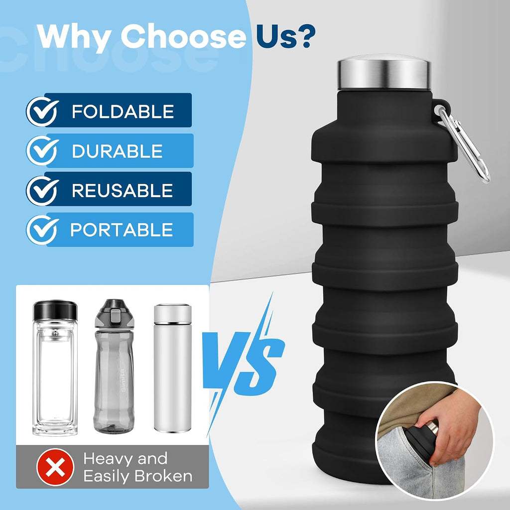 Collapsible Water Bottle,17oz Reusable BPA Free Silicone Foldable Water Bottles for Travel Gym Camping Hiking Outdoor Indoor Sport-(Black+Gray)