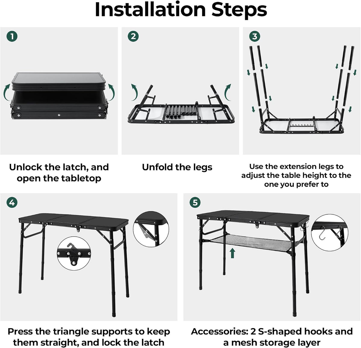 3ft Folding Camping Table with 3 Adjustable Height Max 27.3 Inch