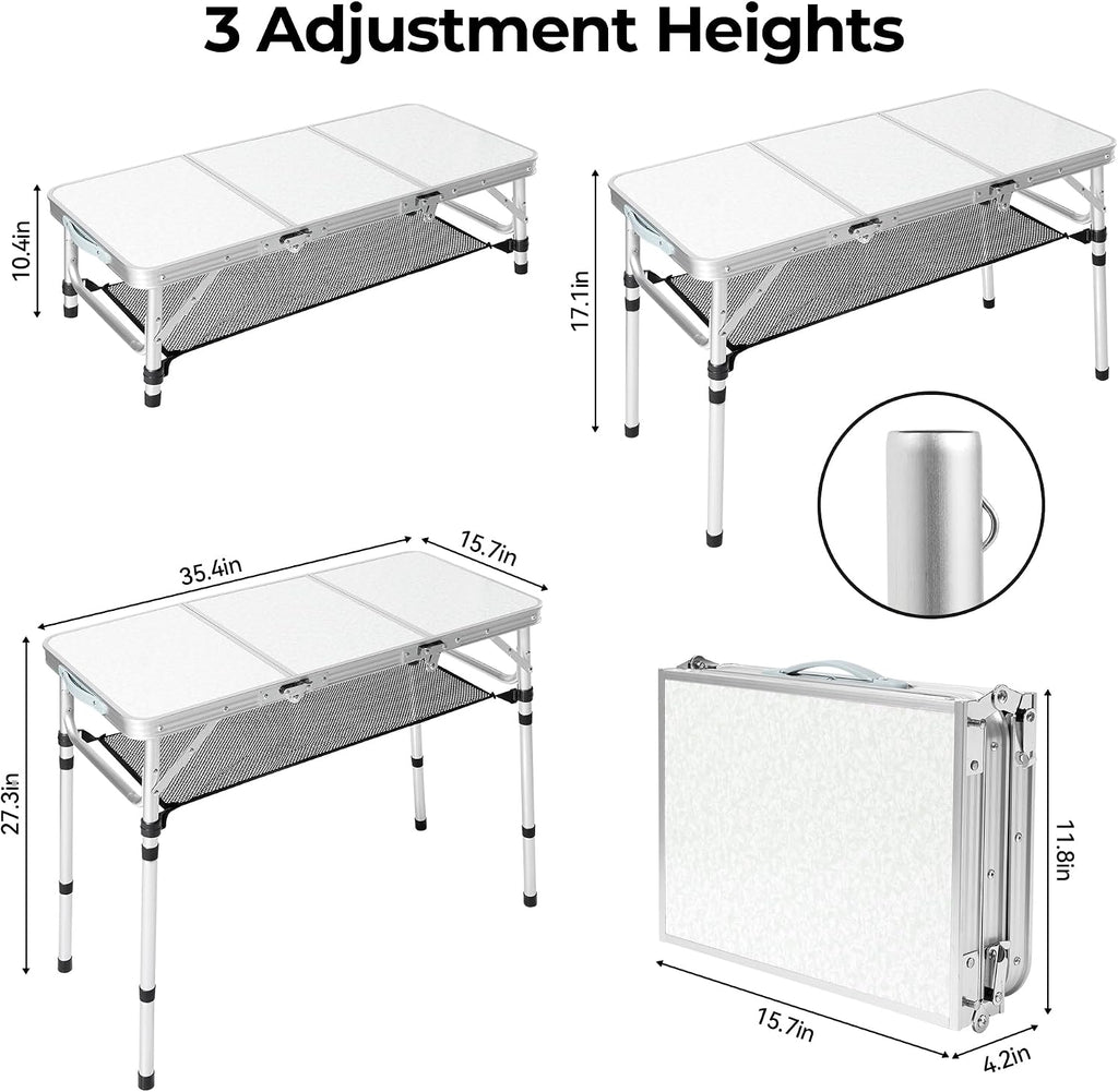 3ft Folding Camping Table with 3 Adjustable Height Max 27.3 Inch