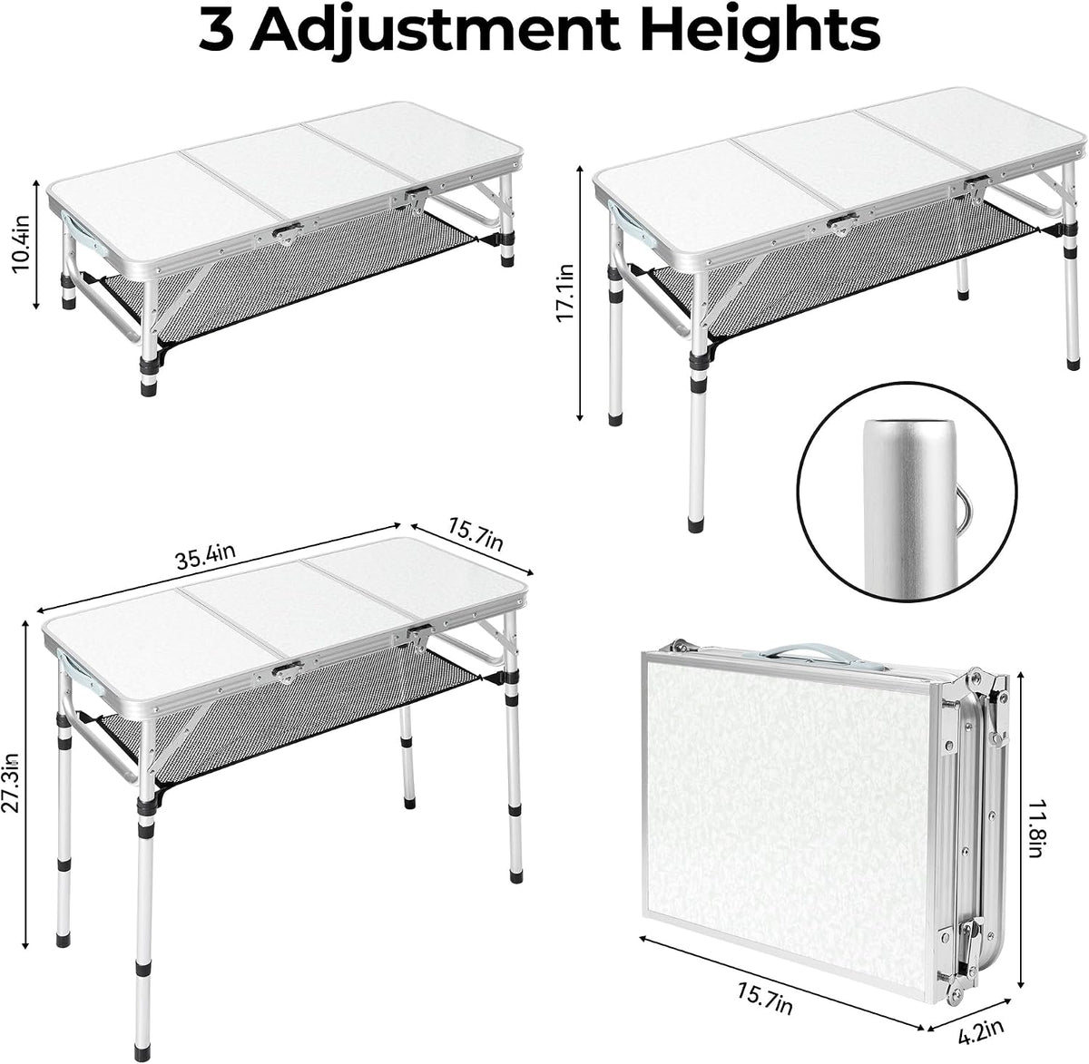 3ft Folding Camping Table with 3 Adjustable Height Max 27.3 Inch