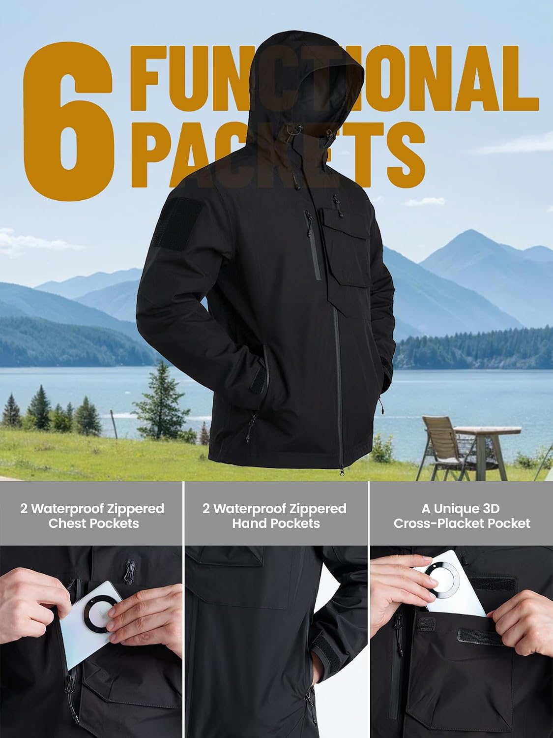 Men's Waterproof Tactical Jacket Lightweight Hooded Raincoat Stain Resistant Breathable Outdoor Shell