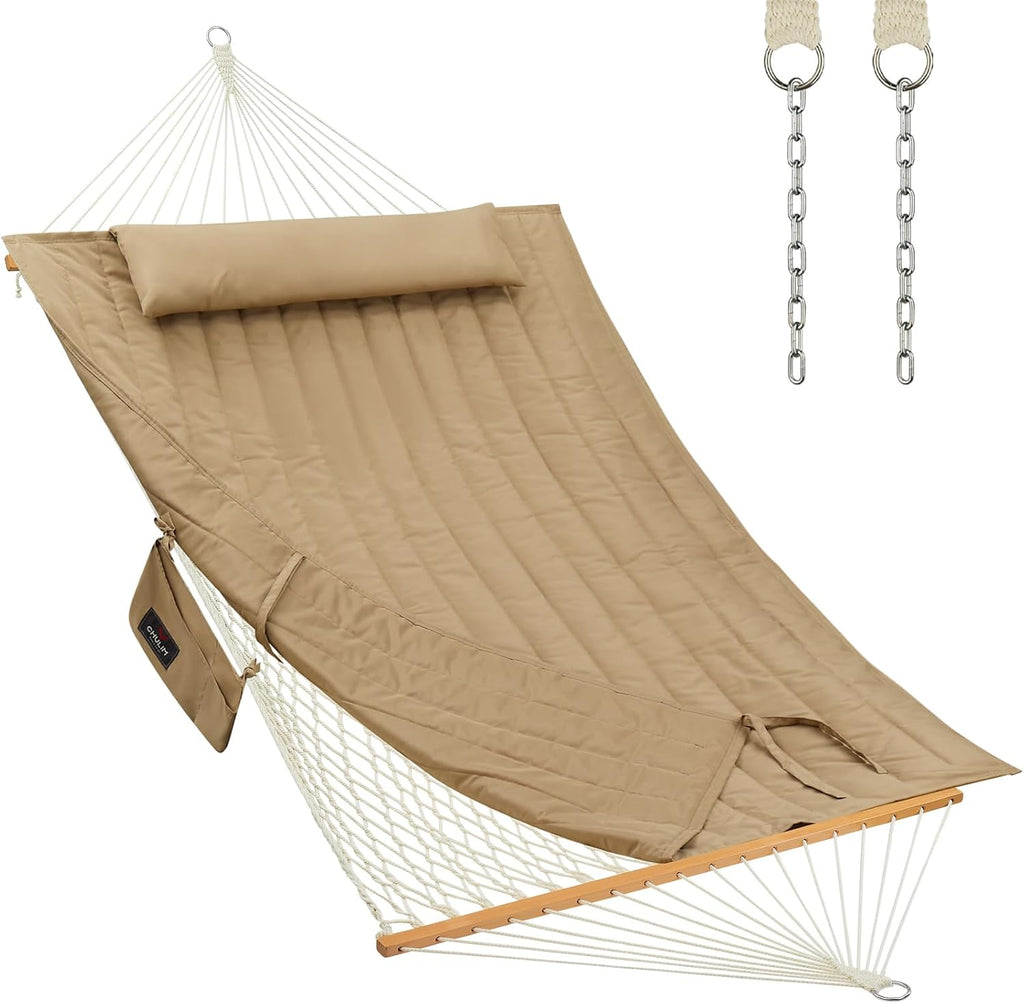 CHULIM Outdoor Double Hammock with Hardwood Spreader Bars, Large Rope Hammock with Polyester Pad and Pillow, 475 LBS Capacity for 2 Person Patio Backyard Poolside - Tan
