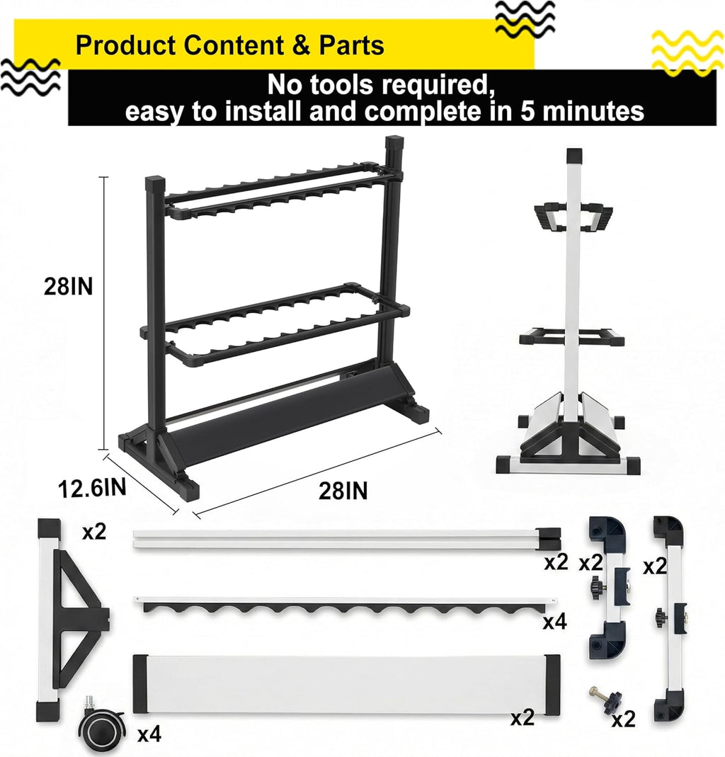24-Rod Aluminum Fishing Rod/Pole Holder, Rustproof Fishing Rod Rack with 360° Lockable Wheels, Multi-Functional Storage Organizer for Garage & Home, Fits Most Rods & Golf Clubs (Gray)
