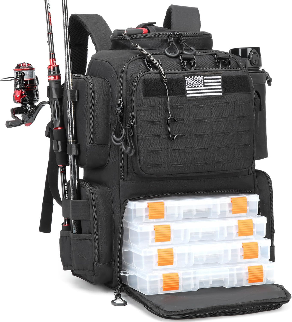 Tactical Fishing Backpack with 4 Tackle Boxes, Rod Holders & Bottle Holder