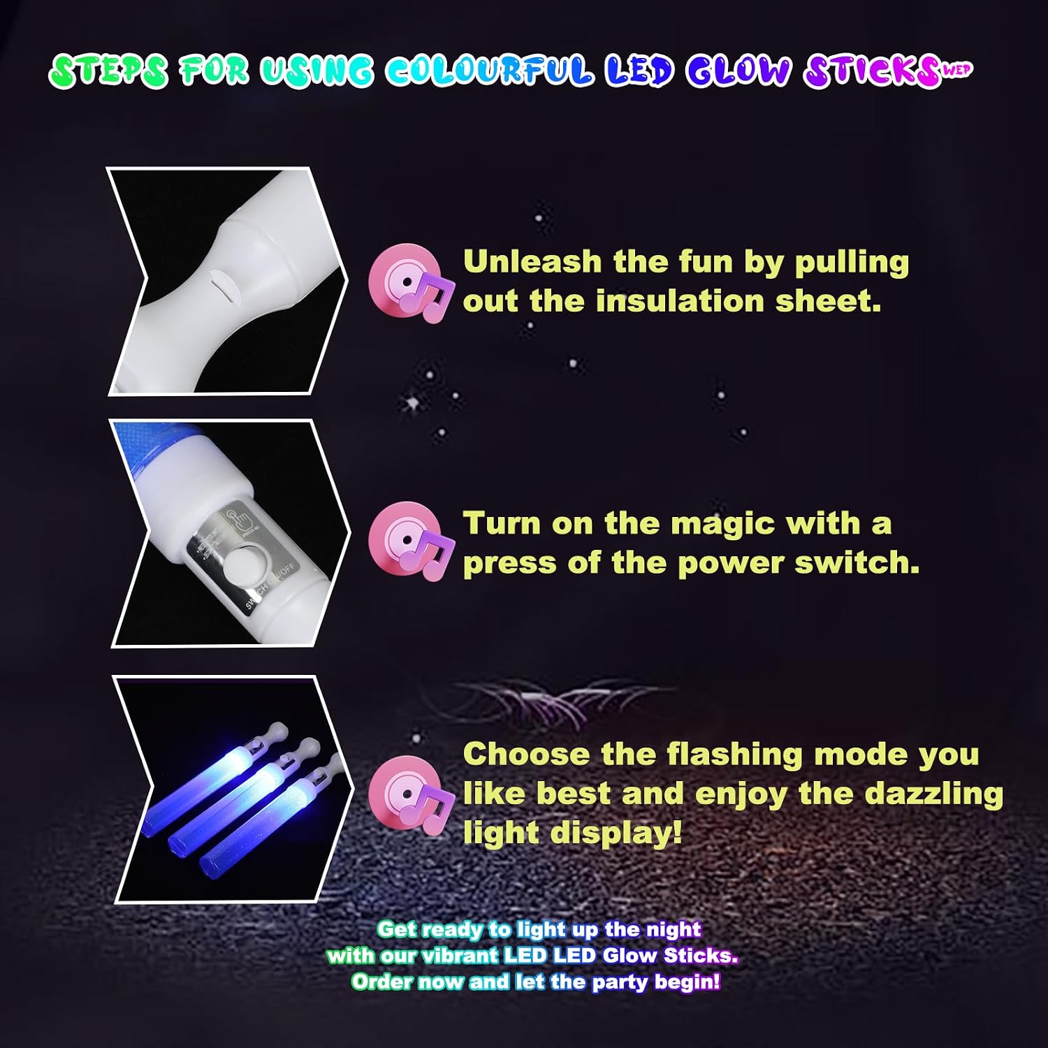 Reusable LED Glow Sticks(6 Pack), Blue Steady LED Flashing Bright Glow Light sticks, Equipped with AAA Battery Powered LED Sticks, Concert Glow in the Dark Party Favor Supplies