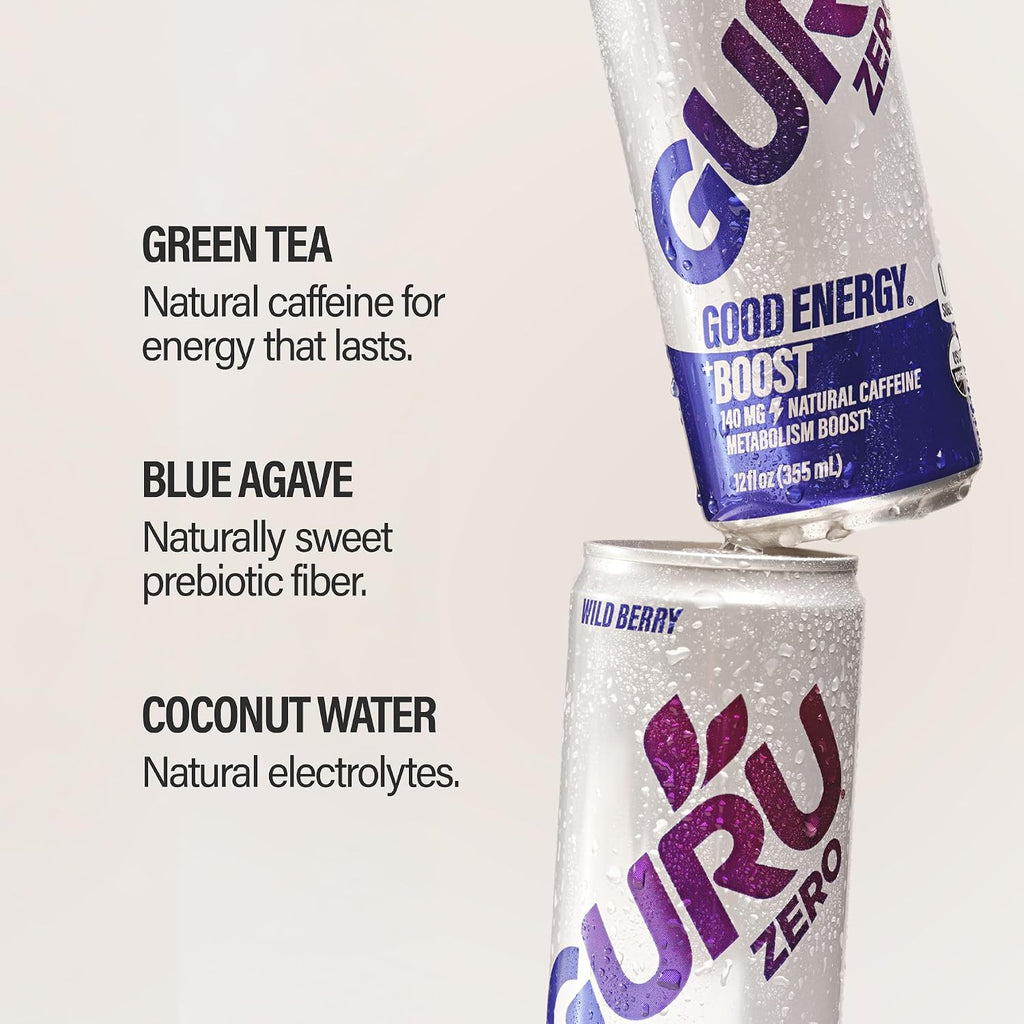 GURU Zero Sugar Organic Energy Drink, Wild Berry, 12 Fl Oz, 24 Pack