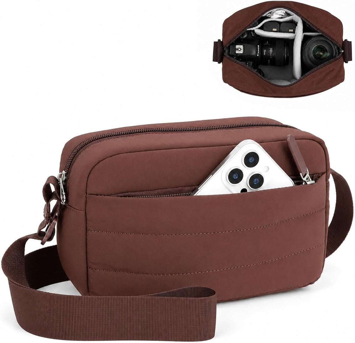 FHELAD Small Crossbody Bag for Women, Compact Puffer Camera Bag With Padded and Theft Zipper for Photographer, Travel (Coffee)