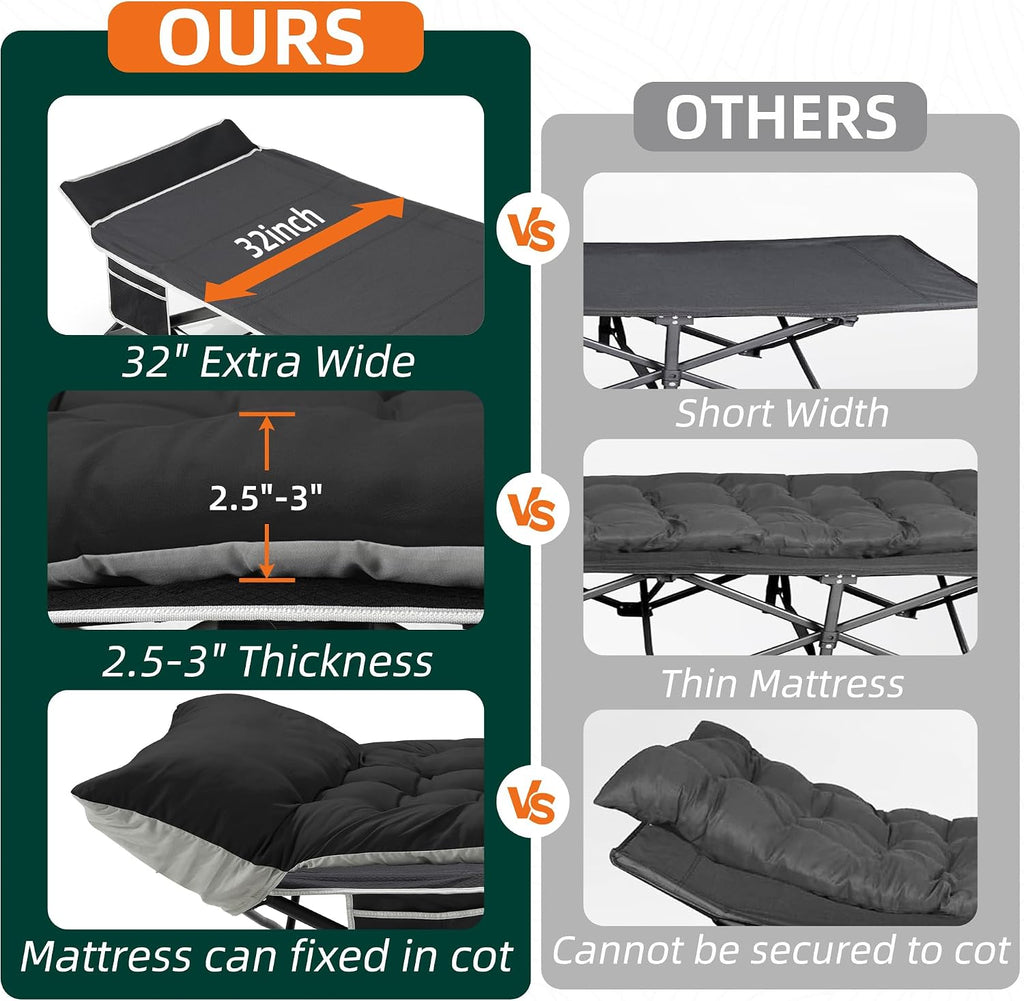 Fragess Portable Camping Cot, 32" Extra Wide Camping Cots for Adults with Thick Mattress, Heavy Duty Sleeping Cot Holds Up to 600LBS, Cots for Sleeping, Rv, Beach, Patio, Office Naps(Black)