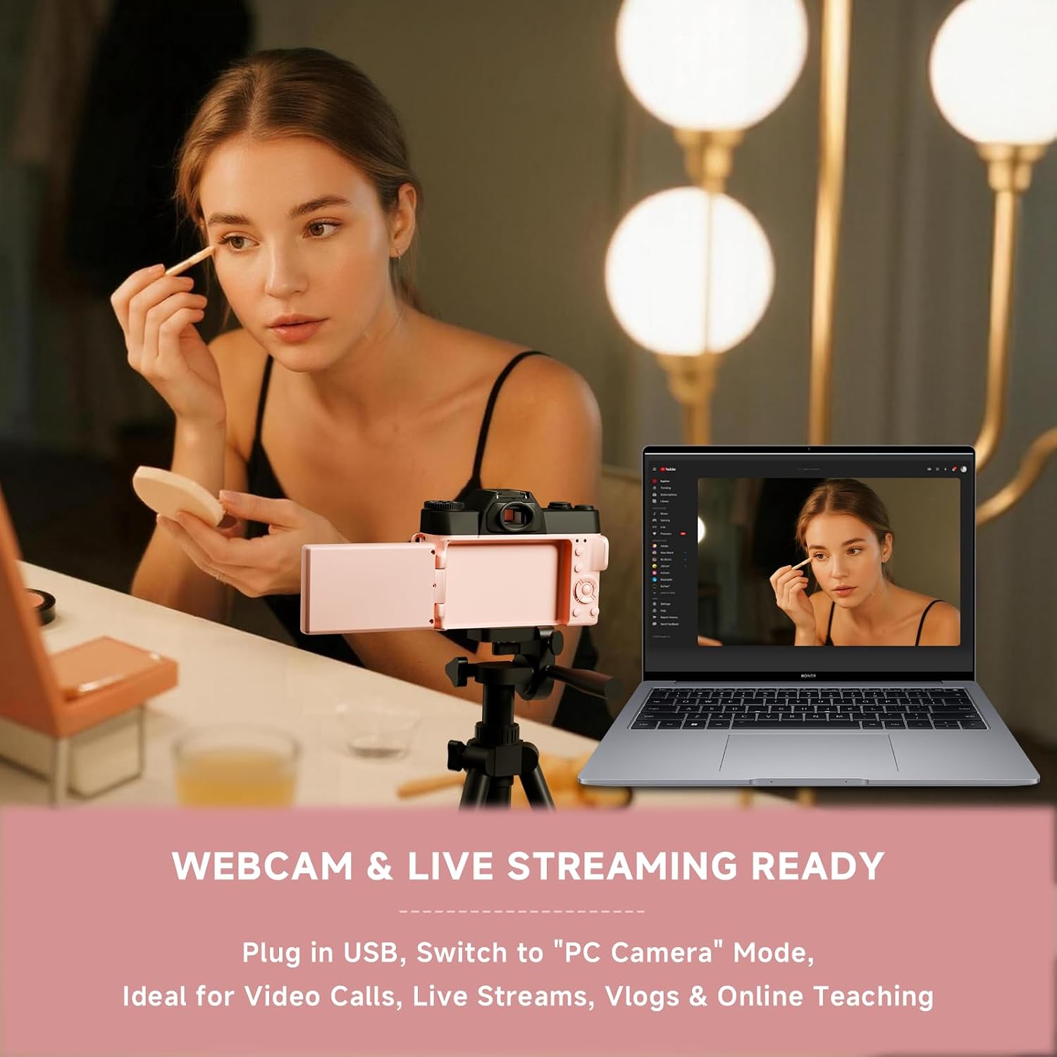 6K Digital Camera for Photography Autofocus, 64MP WiFi Vlogging Camera for YouTube with 3" 180° Flip Screen 16X Zoom, 64GB SD Card & 2 Batteries Pink Compact Travel Camera for Beginners Teens