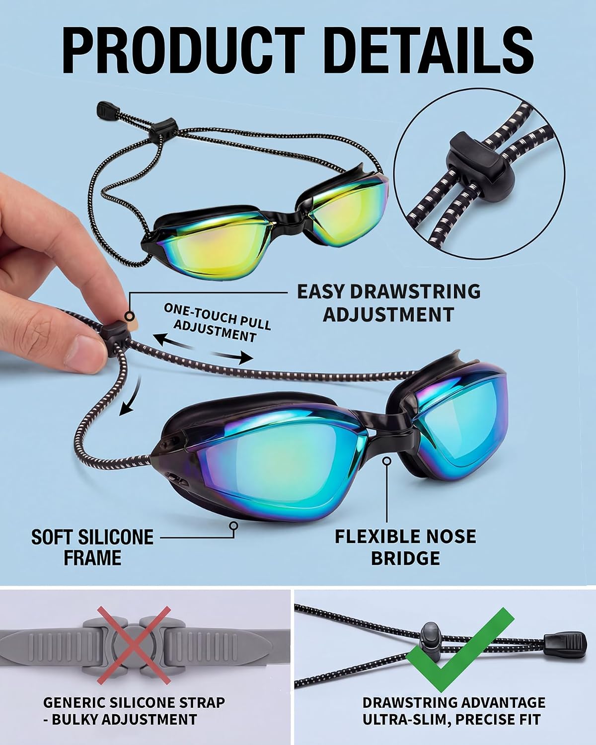 Aegend Swimming Goggles with Adjustable Bungee Strap, No Leak Anti-Fog UV Protection Mirrored Swim Goggles Adults (2 Pack)