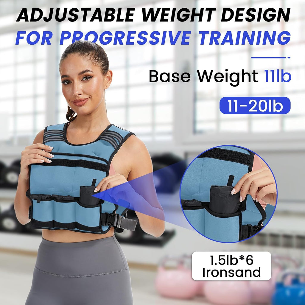 VBSD Adjustable Weighted Vest for Women Men 4-10lb/11-20lb/20-32lb Vest with 6 Ironsand Weights Body Weight Vest with Reflective Strip for Running Walking Strength Training Workouts