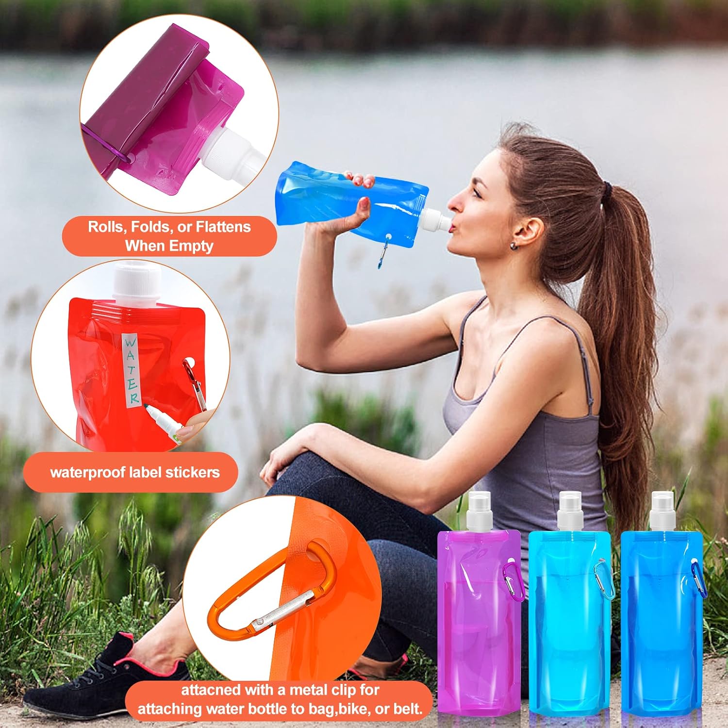 10 Pcs Foldable Water Bottle, 480ml, Collapsible, Leak Proof