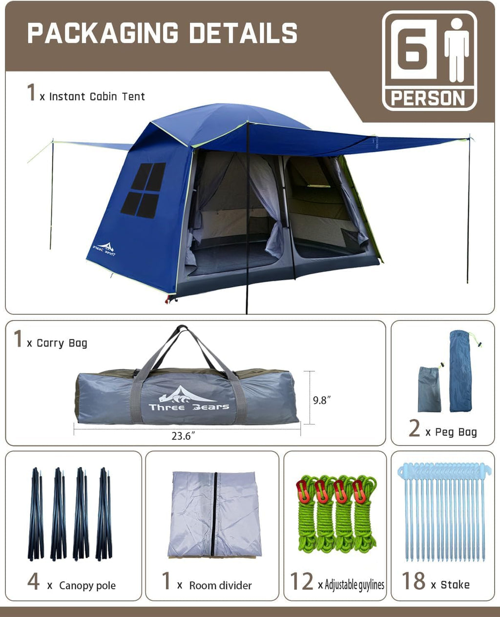 Three Bears 6-Person Tent, 3000mm Waterproof Double-Layer Tent with Room Dividers, Family Tent with Color-Coded Connection Buckles, Front and Rear Vestibules Can Be Set Up as Sunshade Canopies