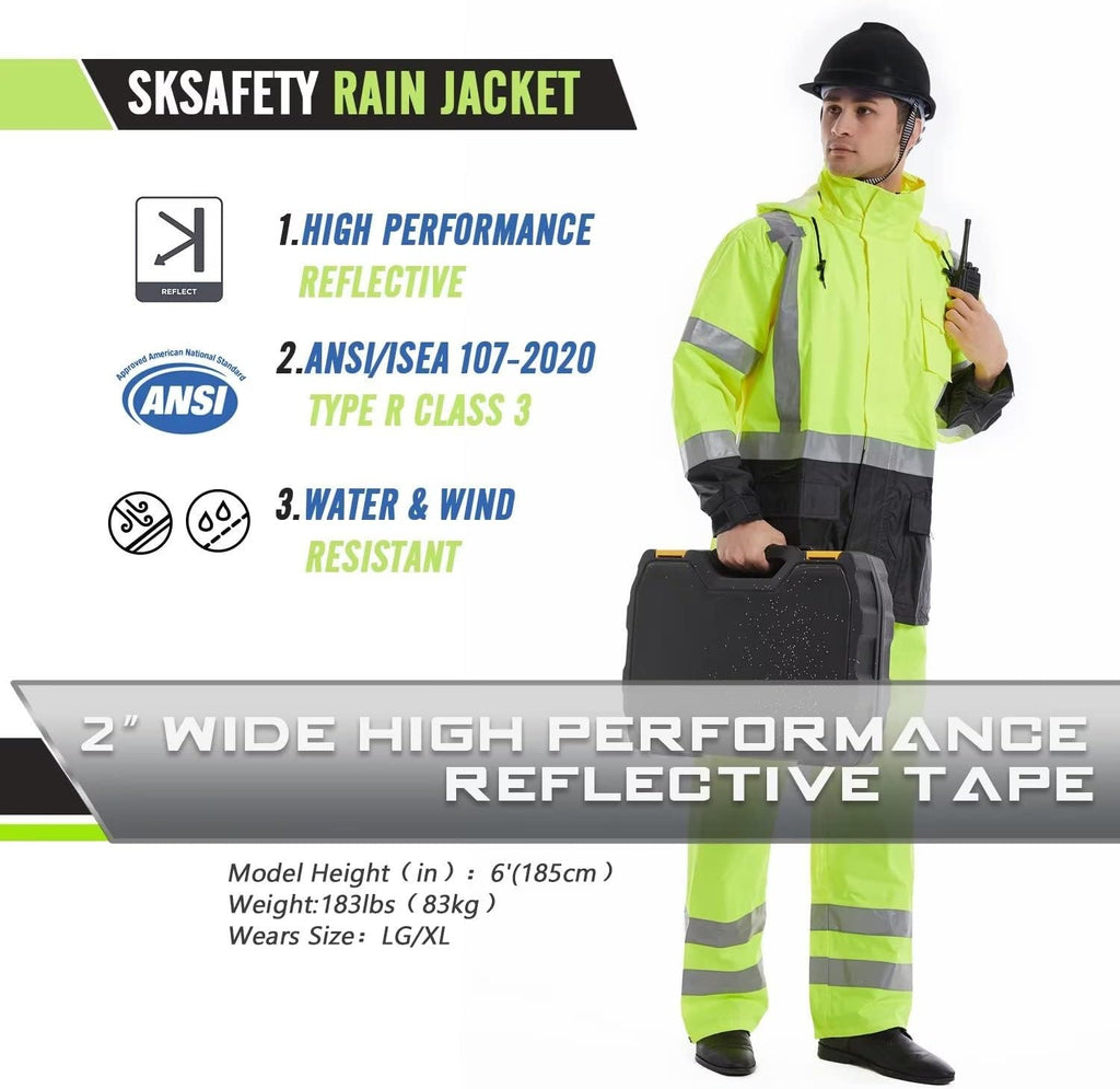 SKSAFETY Hi Vis Safety Rain Jacket for Men, Construction Work Rain Gear Heavy Duty Class 3 Rain Coat Waterproof Lightweight