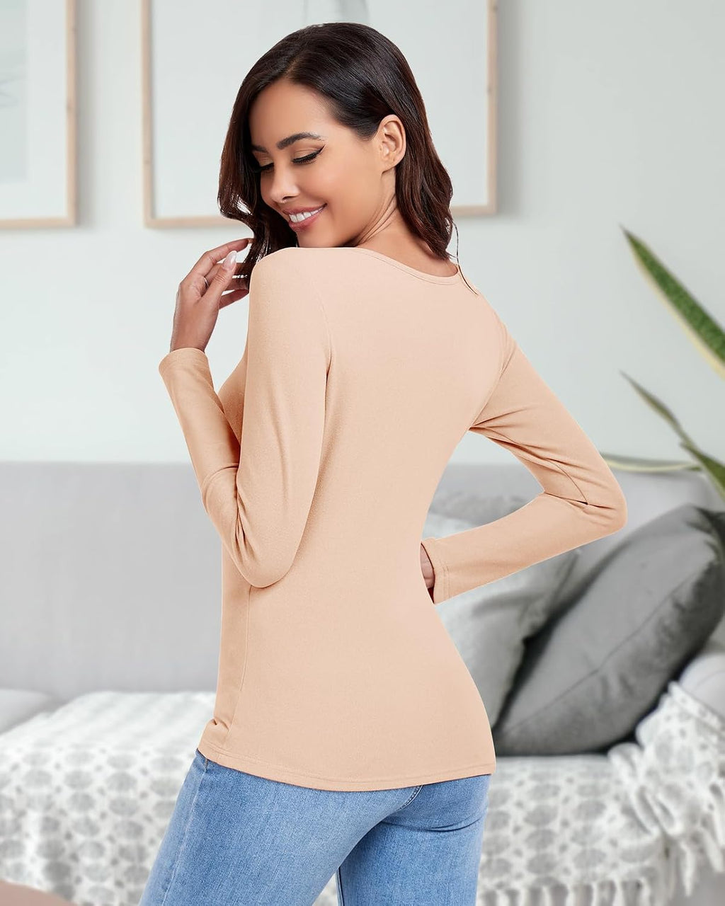 WOWENY Thermal Shirts for Women V Neck Fleece Lined Base Layer