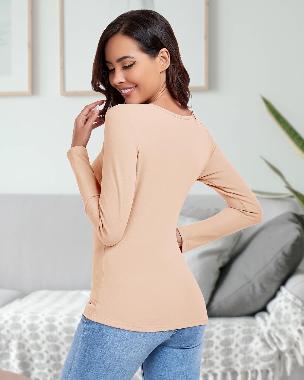 WOWENY Thermal Shirts for Women V Neck Fleece Lined Base Layer