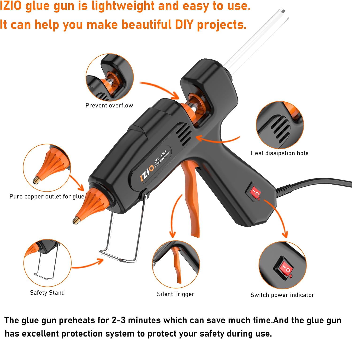 IZIO100W Hot Glue Gun Kit, Fast Heating for DIY Crafts Home Repair, Includes 21 Glue Sticks, Anti-Scald Nozzle, Pouch