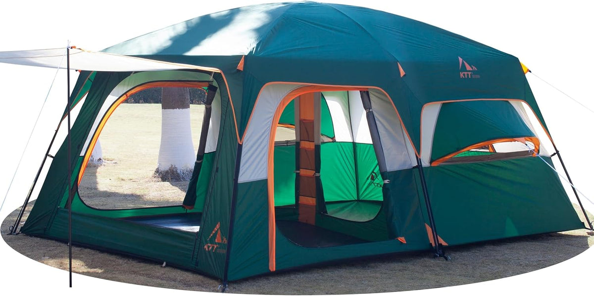 KTT Extra Large Tent 10-12 Person,Family Cabin Tents,2 Rooms,3 Doors and 3 Windows with Mesh,Straight Wall,Waterproof,Double Layer,Big Tent for Outdoor,Picnic,Camping,Family Gathering