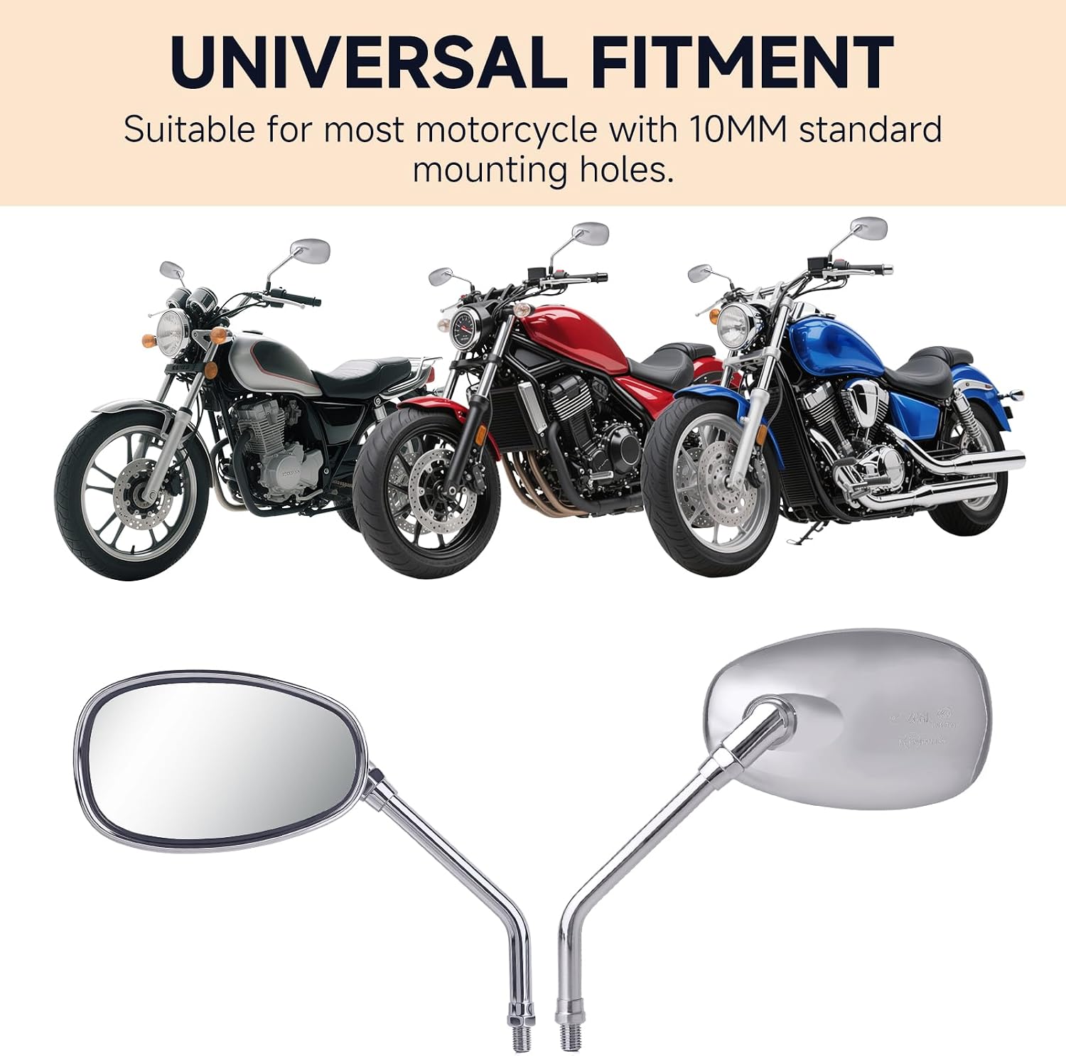 Universal Motorcycle Mirrors - M10 Chrome Oval Handlebar Rearview Mirrors Compatible with Honda Shadow MSX125 Kawasaki Vulcan Z900 Suzuki SV650 Volusia