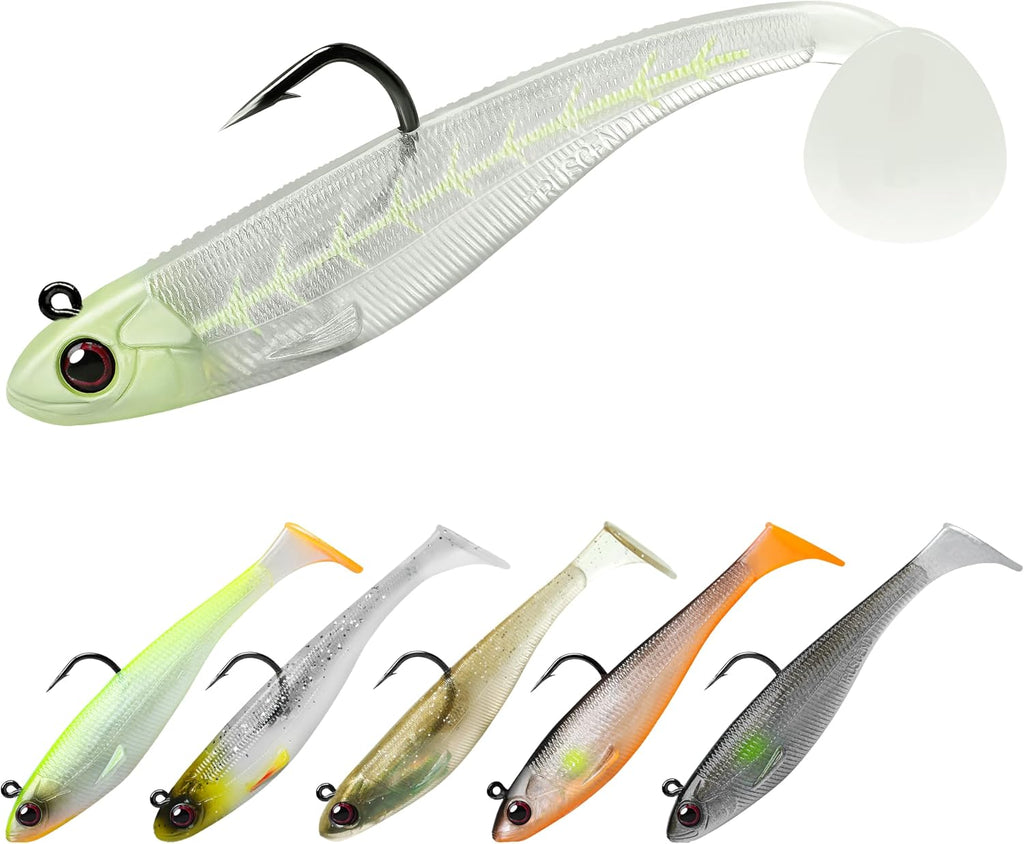 TRUSCEND Shadtale Easy Catch Soft Fishing Lures with BKK Hooks - Trembly Sinking and Vibrating Swim for More Bites, Pre-Rigged Swimbaits for Bass, Trout, Crappie, Walleye, Freshwater Saltwater Fishing